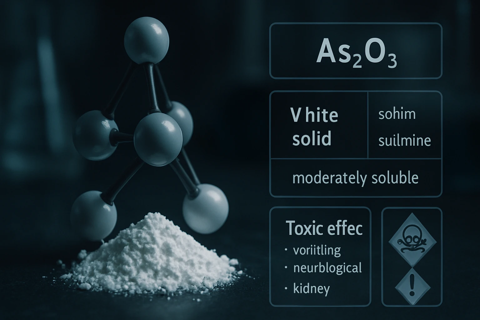 Fehér por és molekulaábrázolás, arsenic-trioxid (As2O3) kémiai szerkezete.
