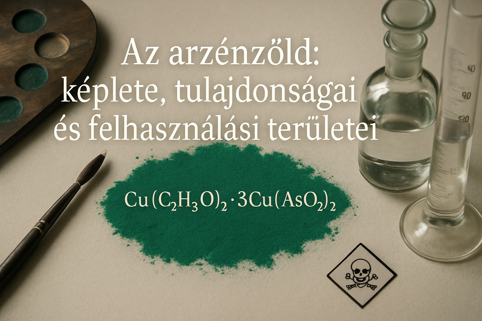 Zöld arzenizöld por, ecset és üveg edények mellett, kémiai képletével.