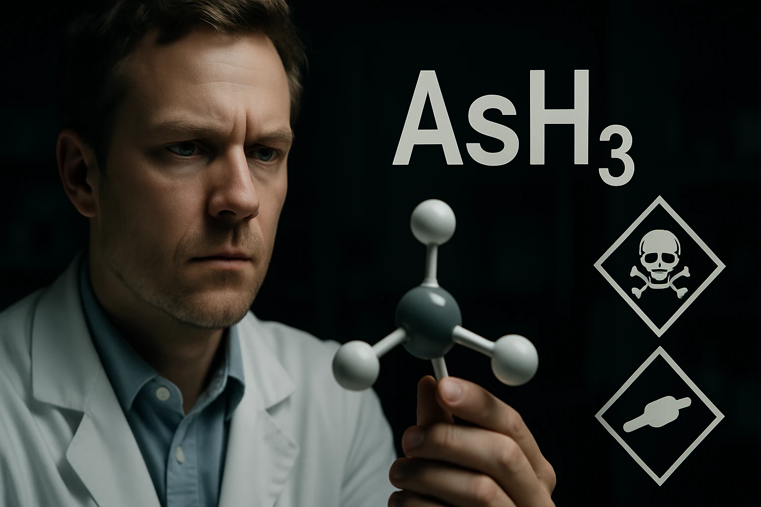 Egy tudós AsH3 molekulát vizsgál, a háttérben veszélyjelzések láthatók.