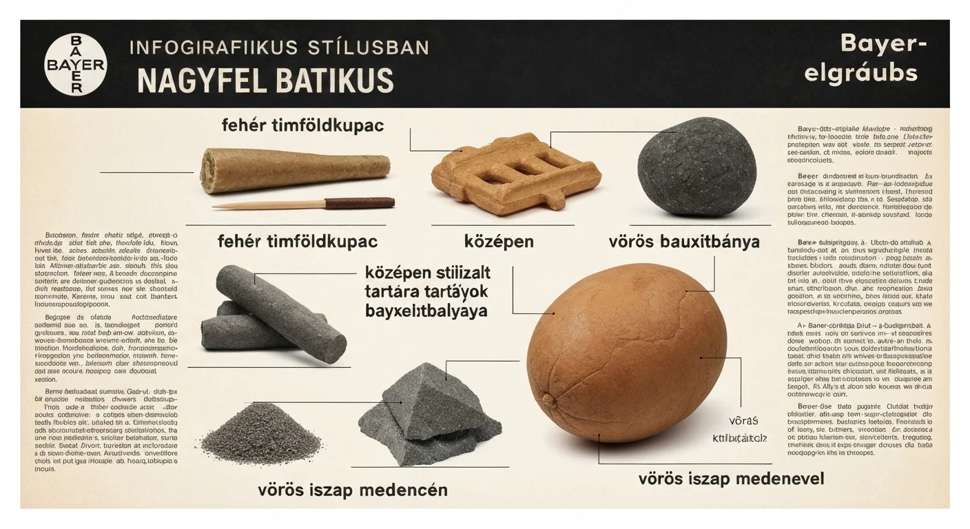 Infografika különböző ásványi anyagokról, mint timföld, bauxit és iszap.