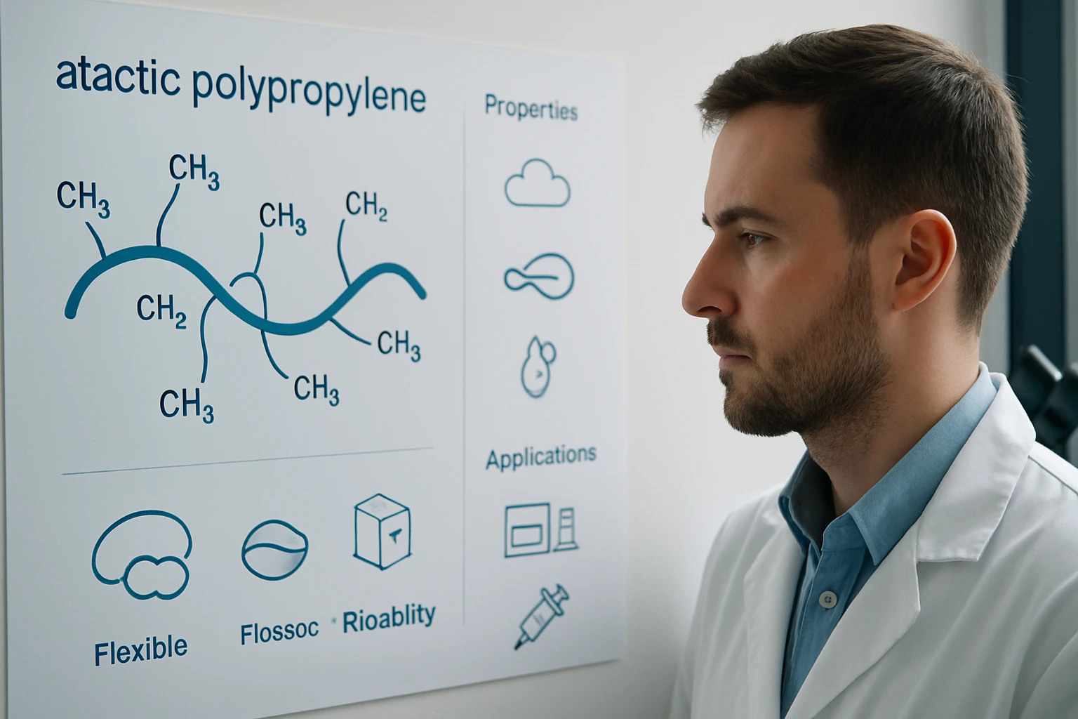 Egy férfi ataktikus polipropilén molekulát tanulmányoz egy táblán.