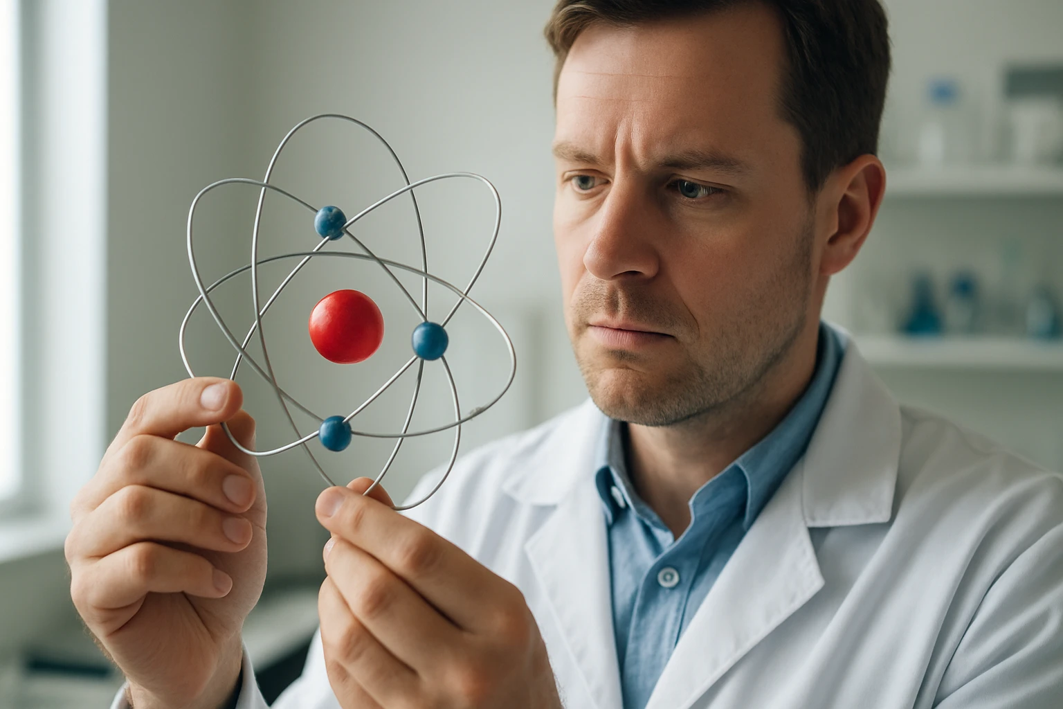 Egy tudós atommodellt tart a kezében, figyelmesen nézi a szerkezetet.