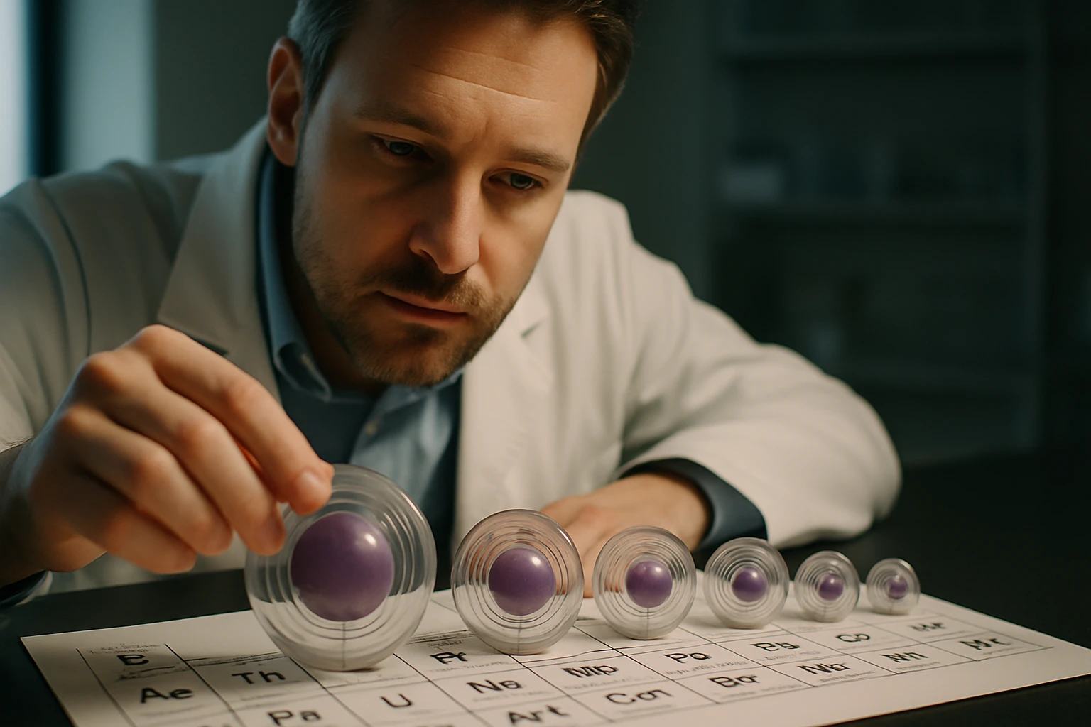 Egy tudós különböző méretű atommodelleket vizsgál a periódusos rendszer felett.