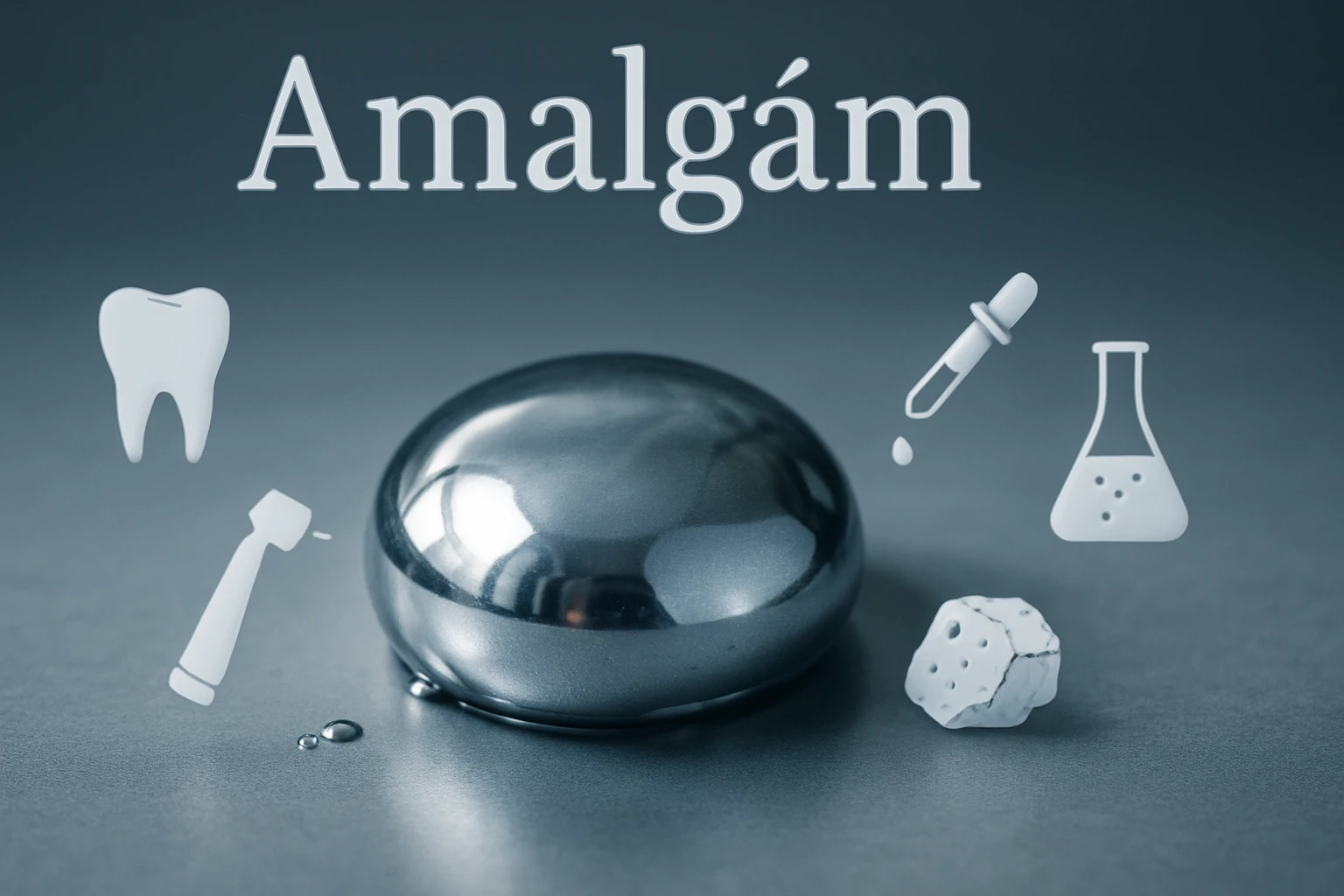 Egy fényes amalgámgömb, mellette fog, pipetta és kémcső ikonok.