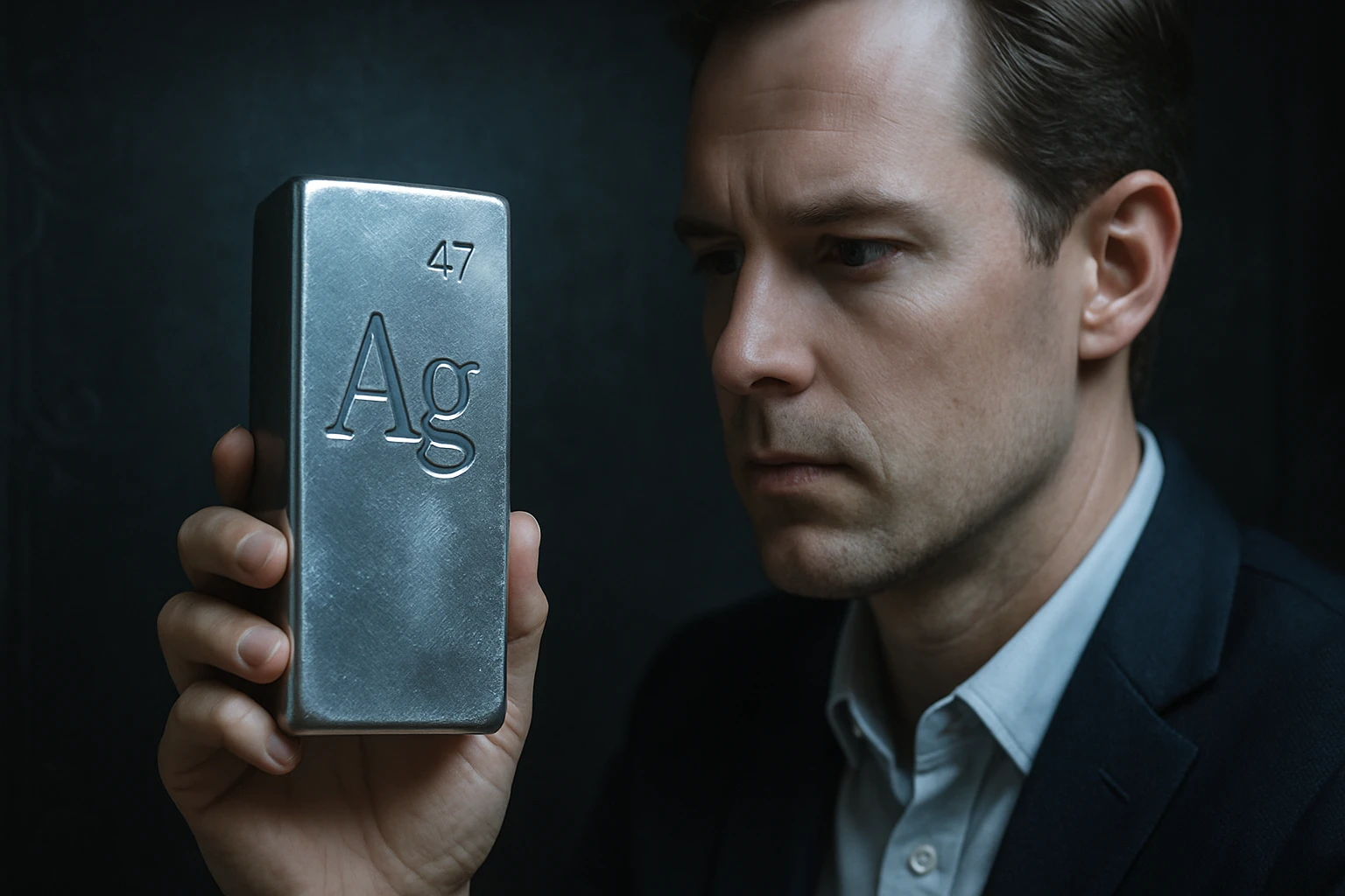 Egy férfi ezüsttömböt tart a kezében, amelyen az Ag kémiai jel látható.