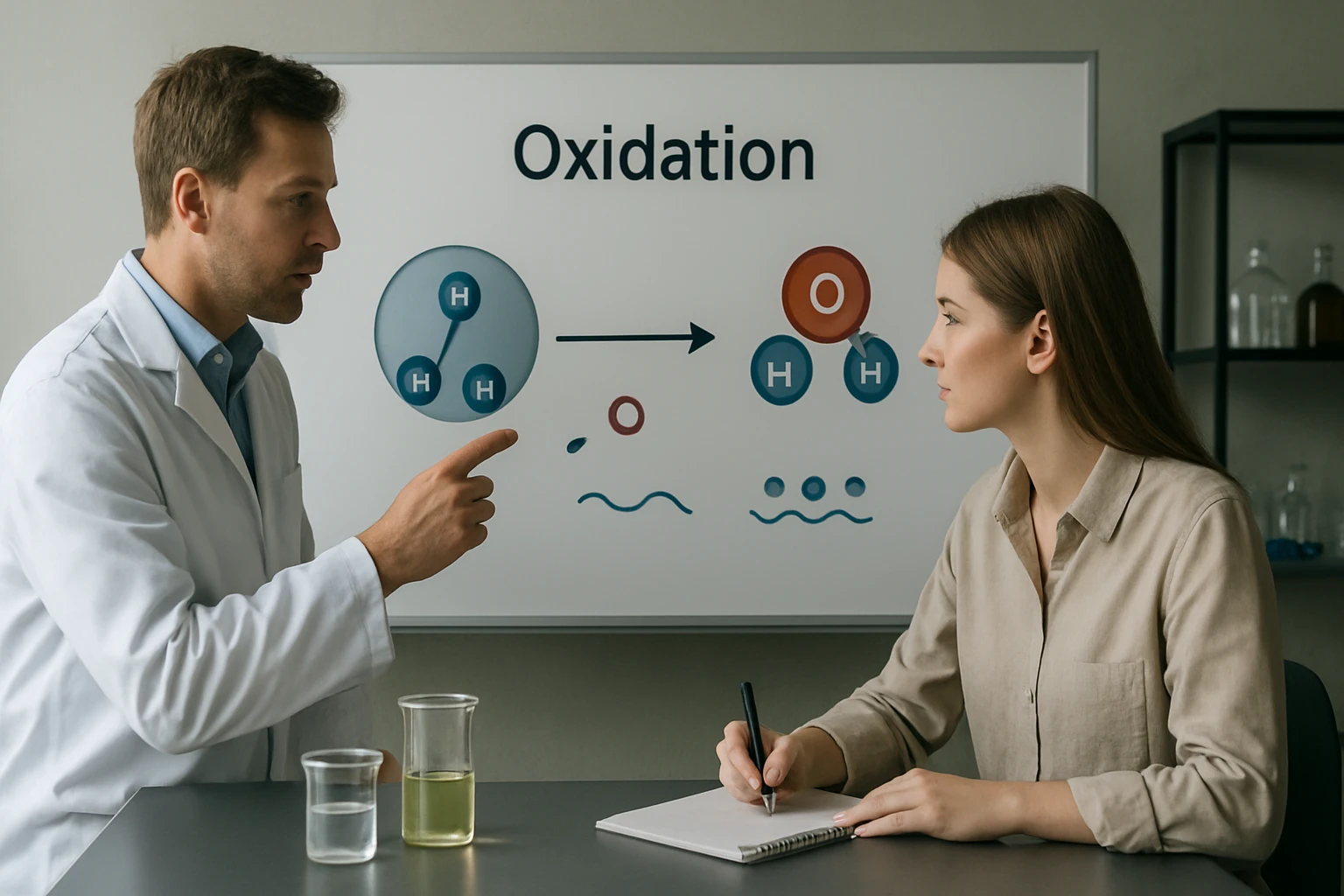 Kémiai oktatás során egy férfi magyaráz az oxidációról egy nőnek.