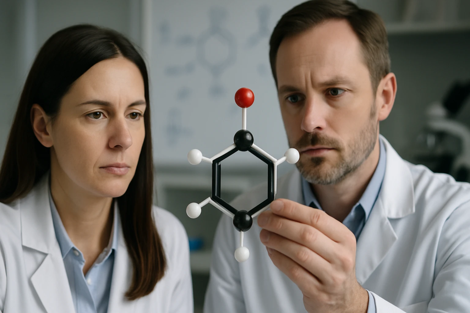 Két kutató egy molekulamodellel dolgozik, amely a benzol szerkezetét ábrázolja.