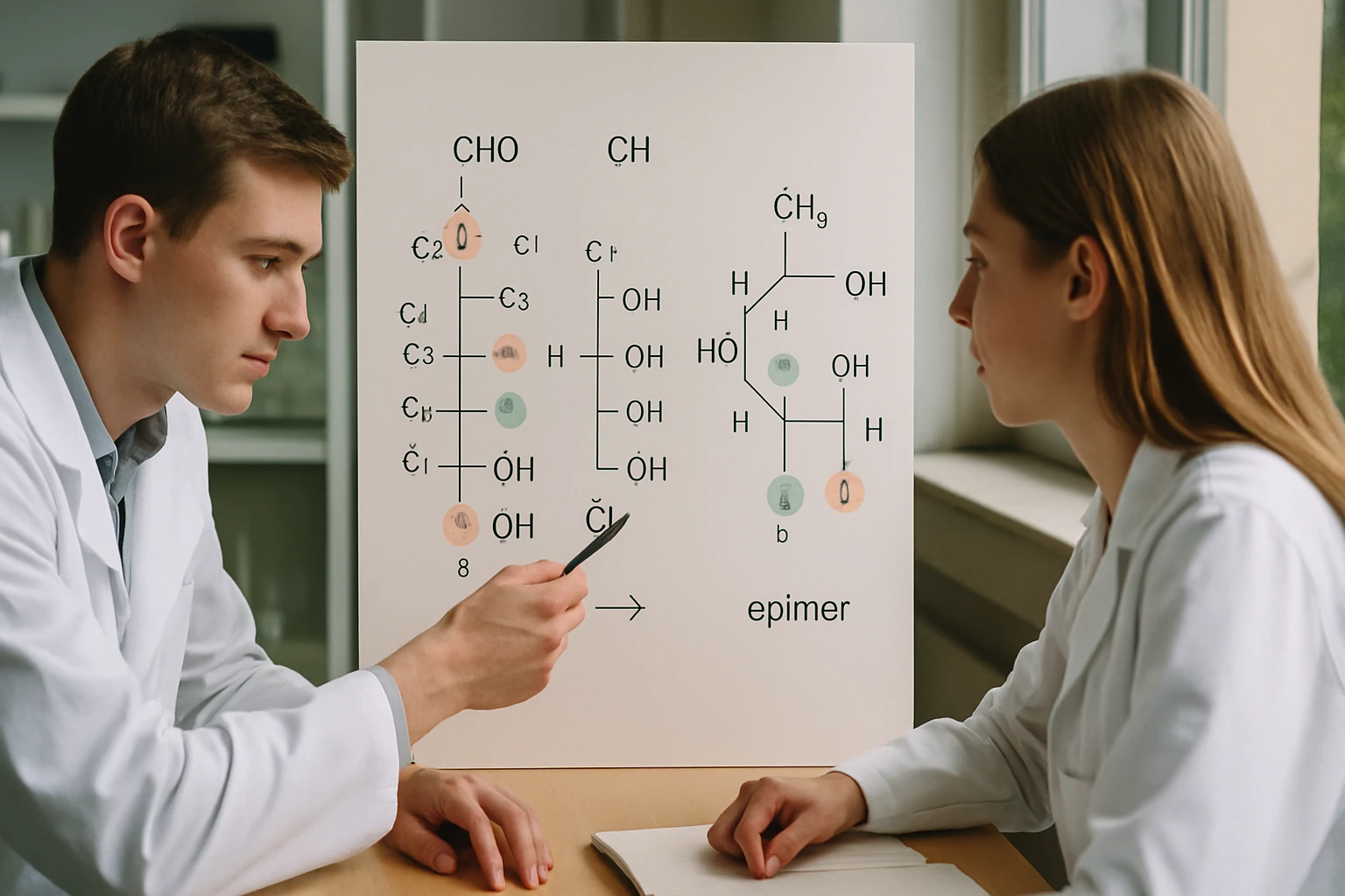 Két fiatal kutató egy kémiai diagramot tanulmányoz, amely epimereket ábrázol.