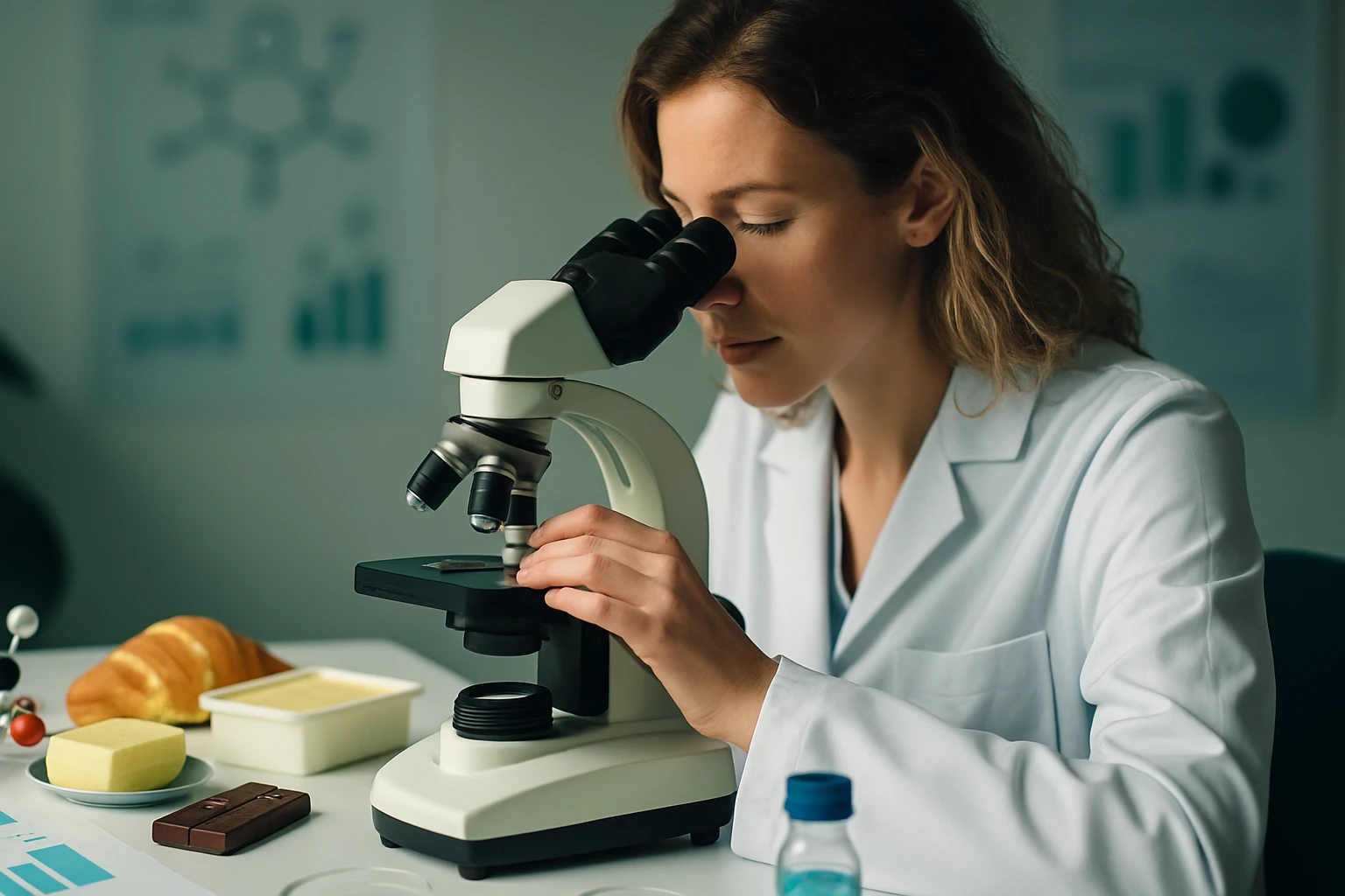 Egy nő mikroszkóppal vizsgál ételeket, mint például vaj és csokoládé.