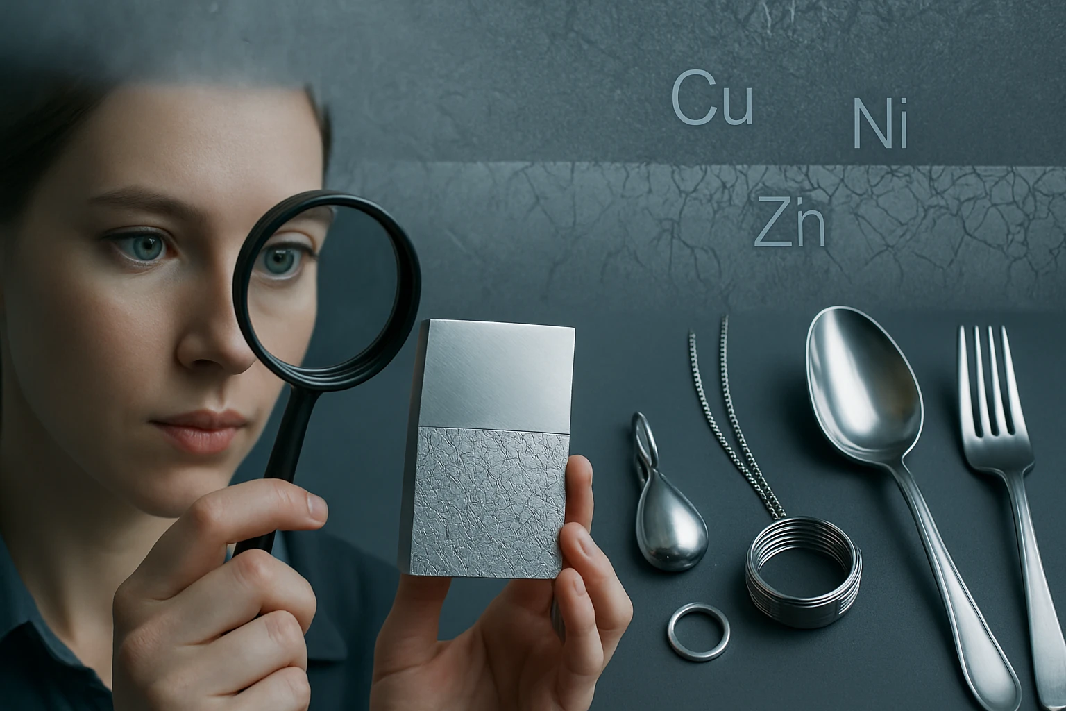 Egy nő nagyítót használ, miközben fém tárgyakat vizsgál, köztük ezüst evőeszközöket.