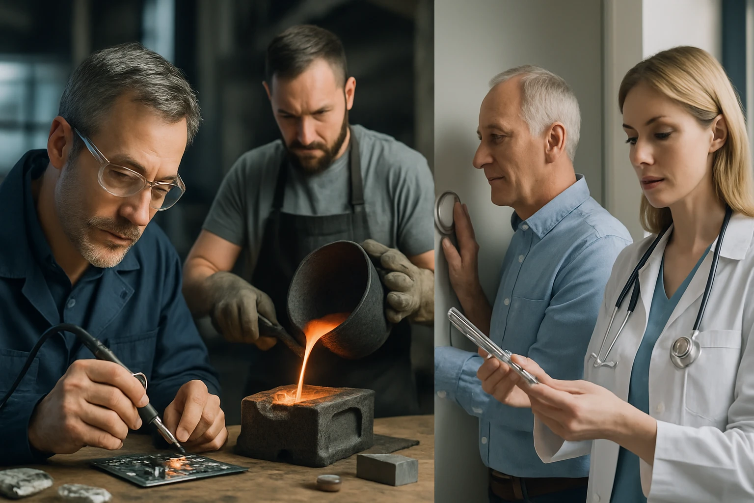 Két férfi fémöntés közben, míg egy nő orvosi eszközöket vizsgál.