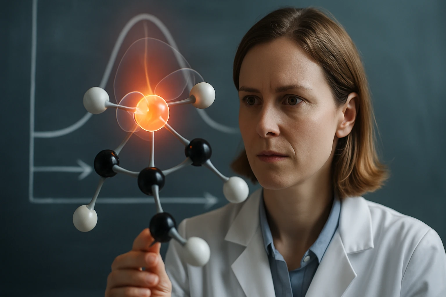 Egy női kutató egy atommodellt tart a kezében, amely fénylik.