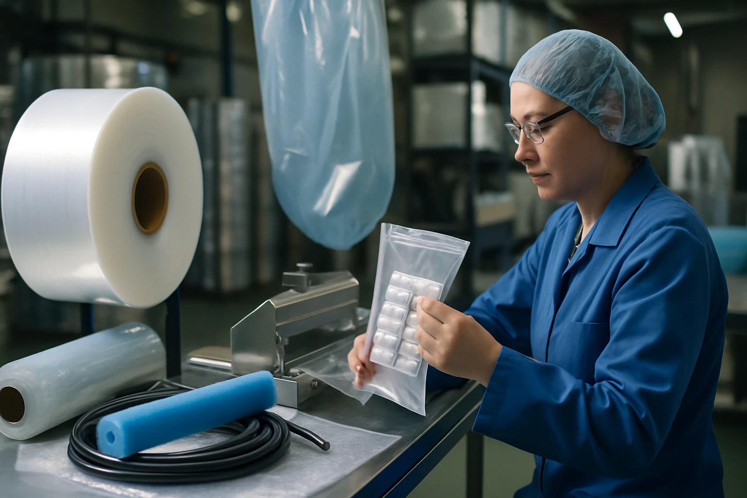 Egy nő gyógyszeripari környezetben kapszulákat csomagol egy laboratóriumban.