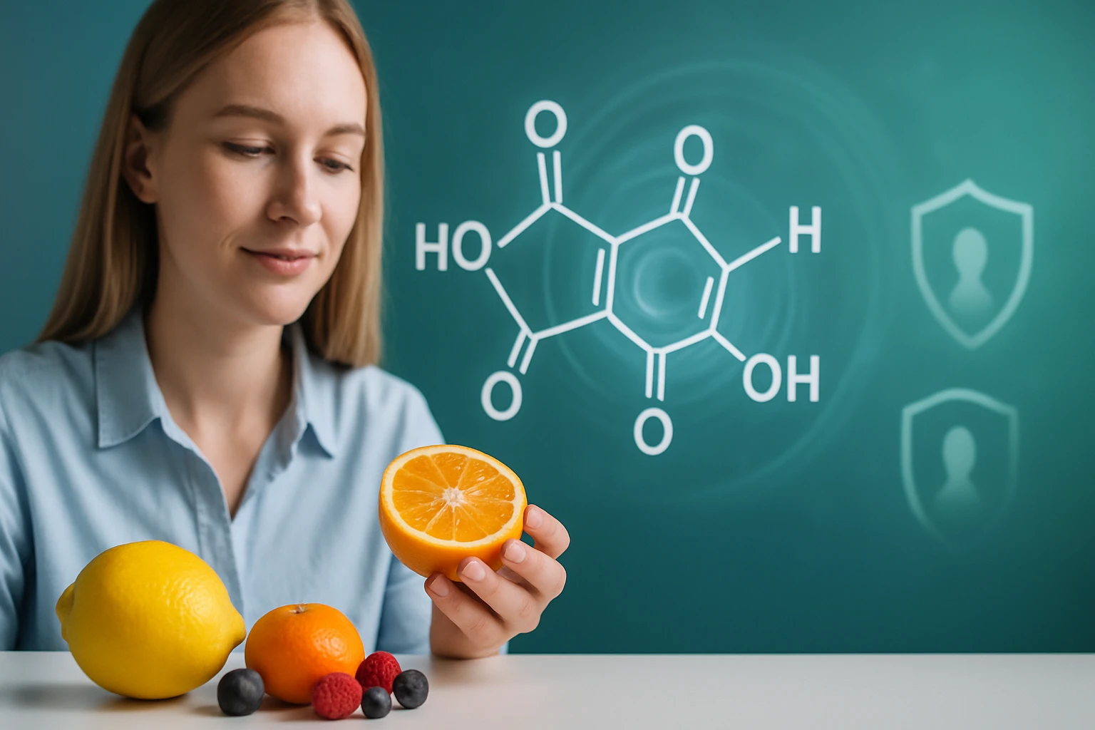 Egy nő citromot és narancsot tart a kezében, háttérben kémiai szerkezetekkel.