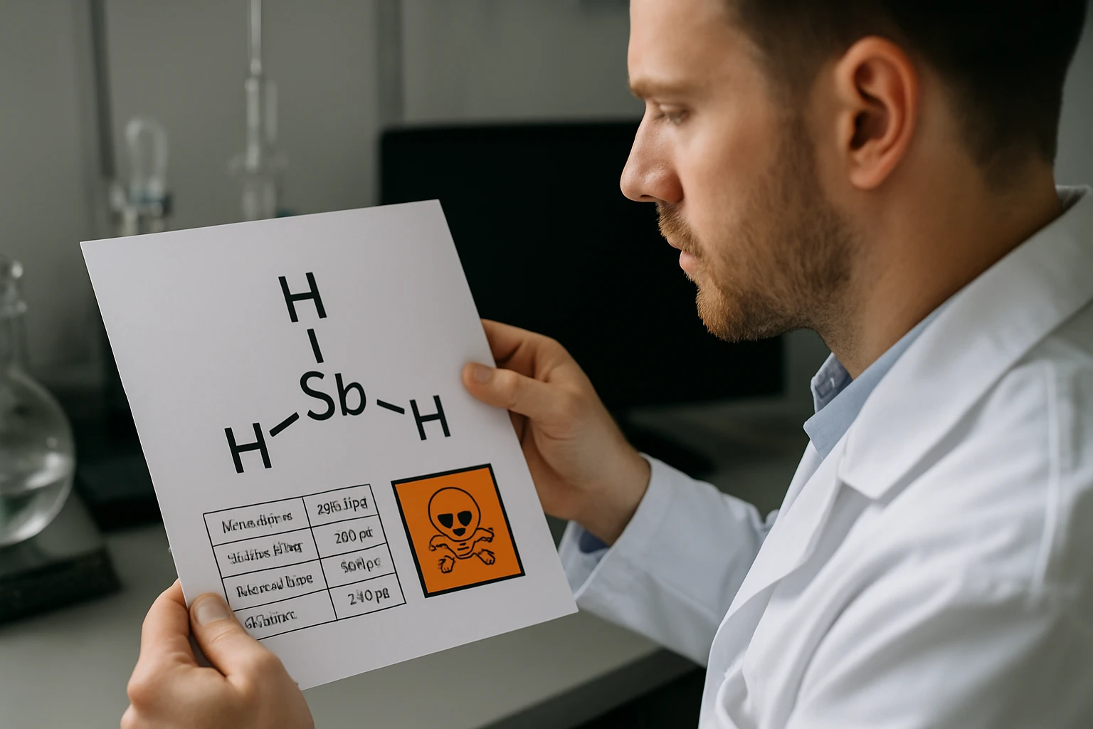 Egy tudós a hidrogén-antimonid molekuláris szerkezetét és veszélyességi adatait vizsgálja.
