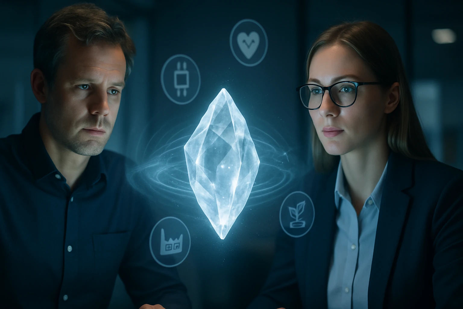 Két ember figyel egy holografikus kristályra, amely különböző szimbólumokat mutat.