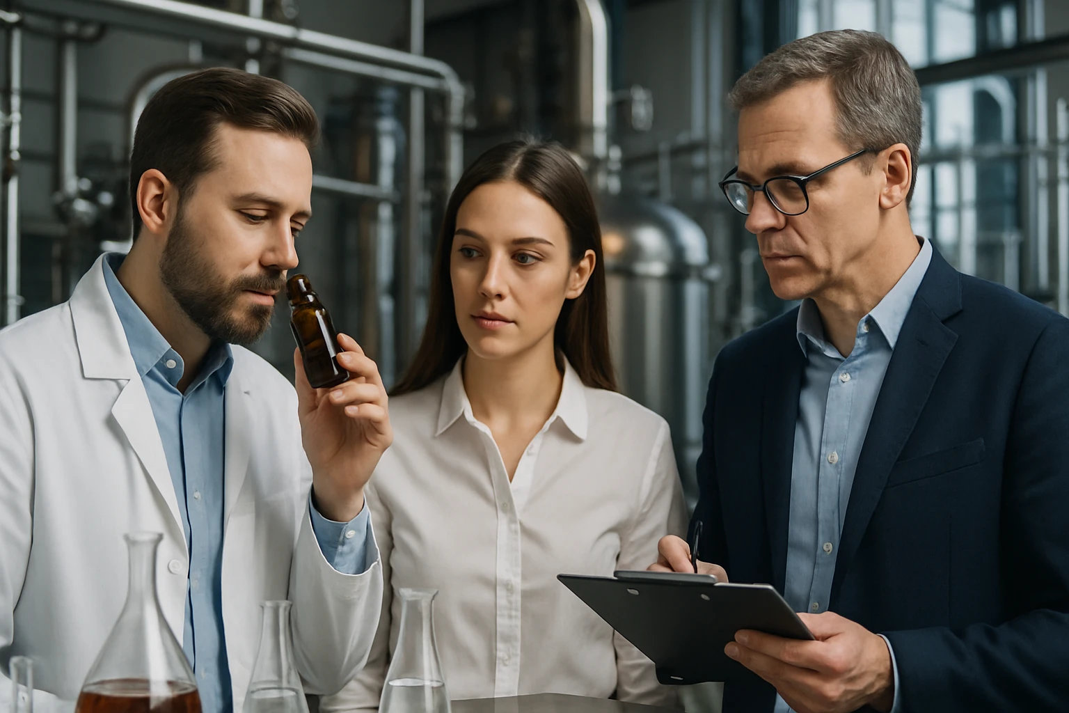Két kutató és egy nő egy üveg illatanyagot vizsgál a laborban.