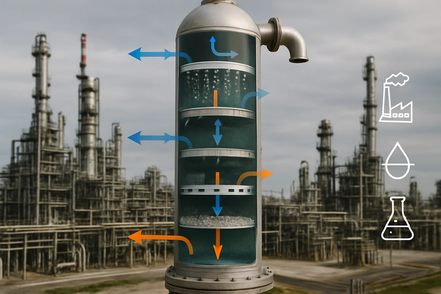 Egy ipari desztilláló oszlop, amely különböző anyagok elválasztására szolgál.