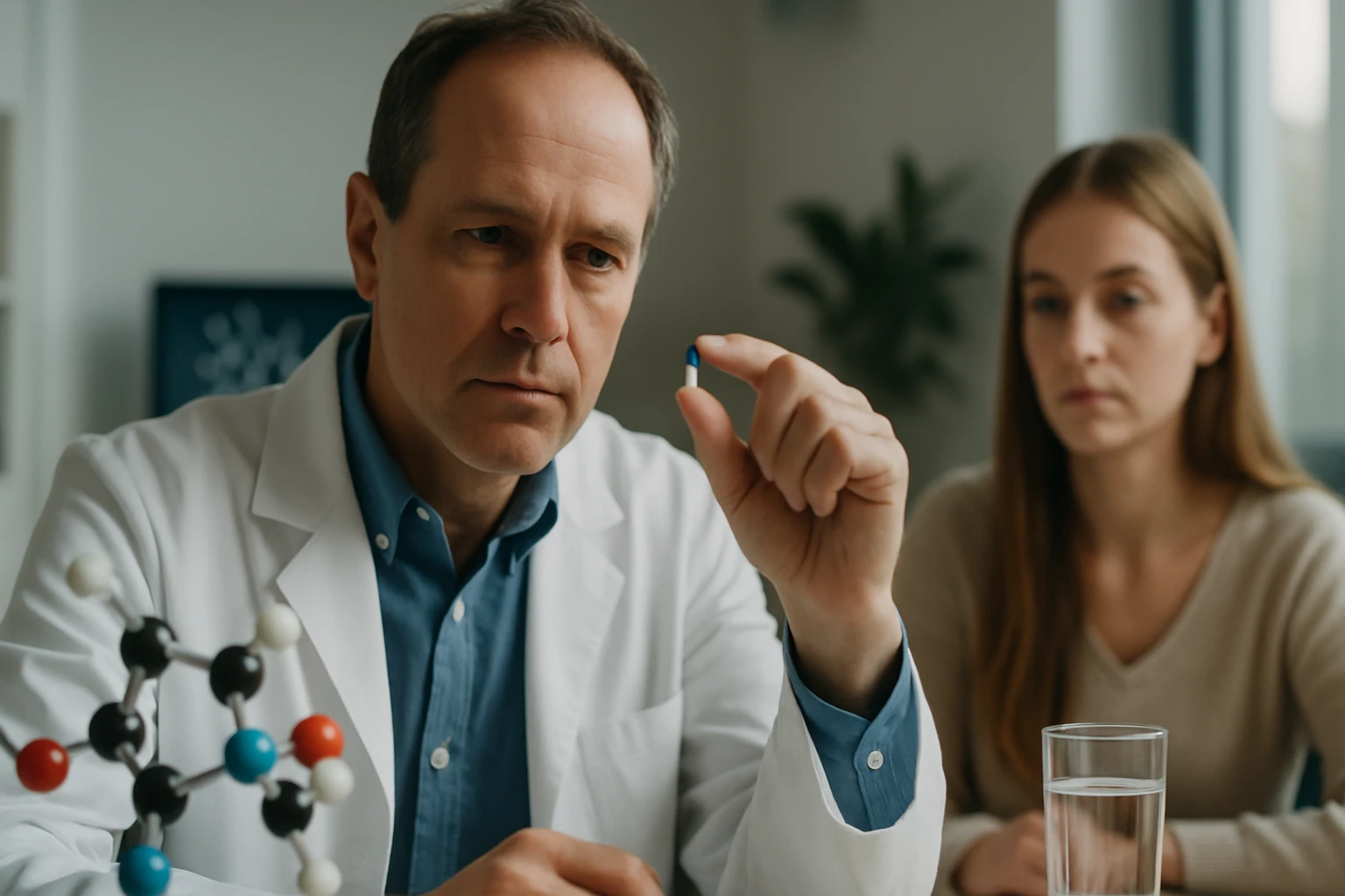 Egy orvos egy kék kapszulát tart a kezében, miközben egy nő figyeli.