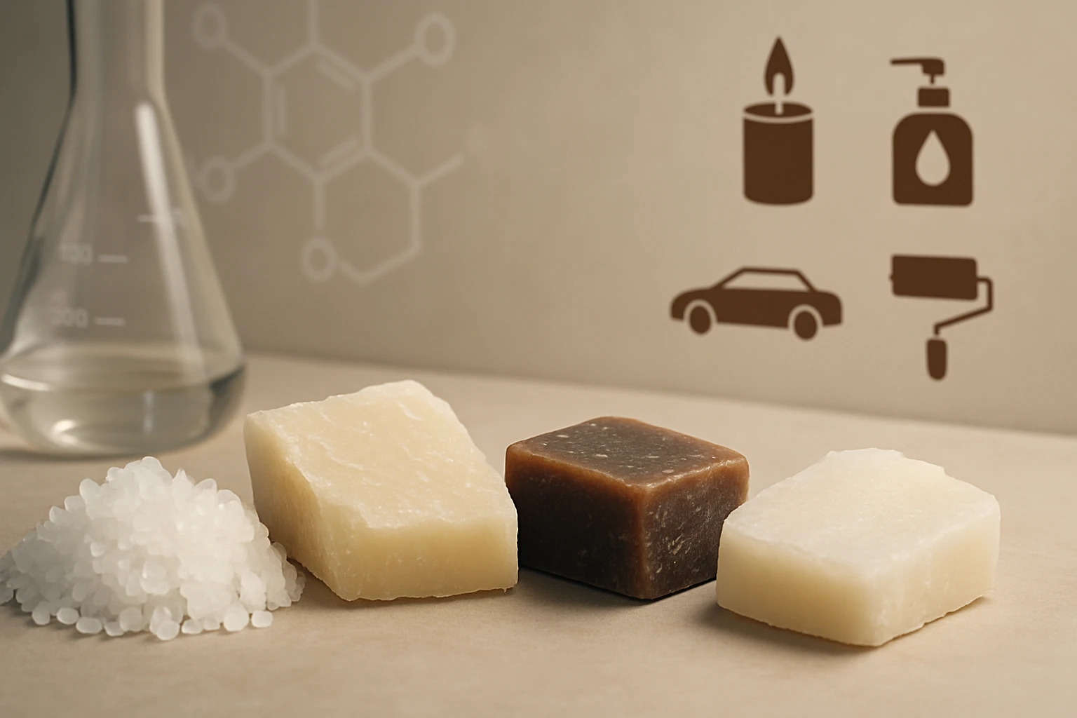 Három különböző színű szappan és egy kémcső vízzel, háttérben kémiai struktúrák.