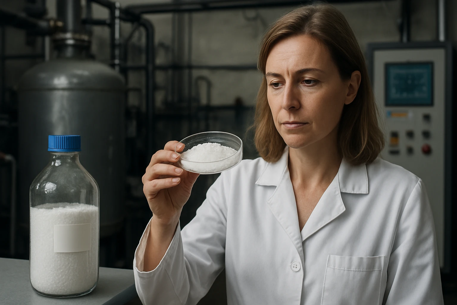 Egy nő laboratóriumban fehér köpenyben, egy üveg edényből származó kristályos anyagot vizsgál.
