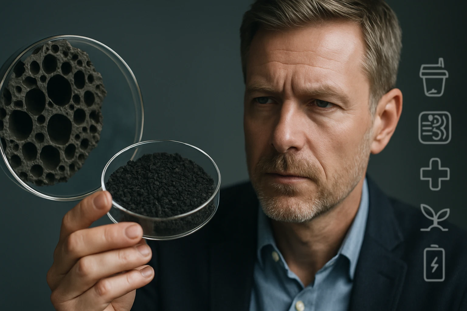 Egy férfi egy üvegtálban fekete port és egy lyukacsos anyagot vizsgál.