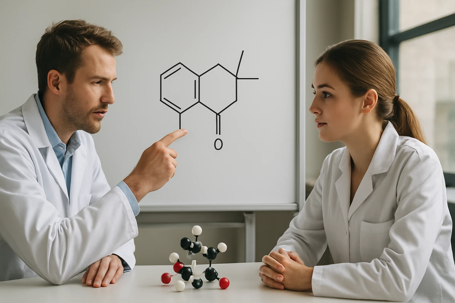 Két kémikus beszélget egy molekula modell mellett, háttérben kémiai struktúrák.