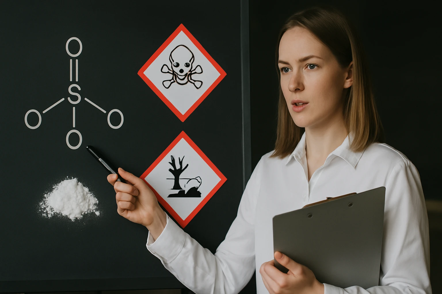 Egy nő mutat egy kémiai képletre és figyelmeztető jelekre egy táblán.