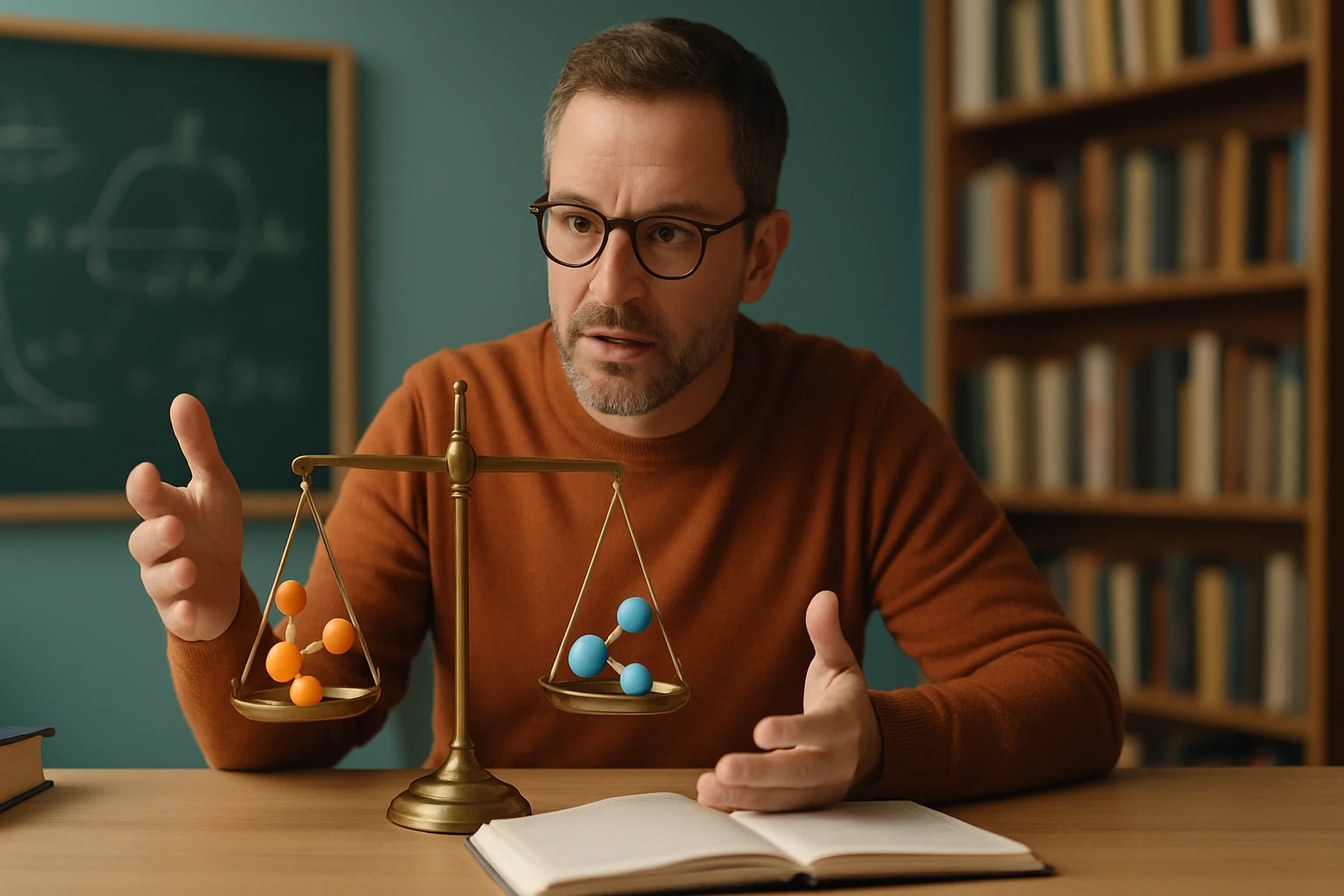 Egy férfi kémiai modellek súlyát mérlegel a tanulmányi asztalon.