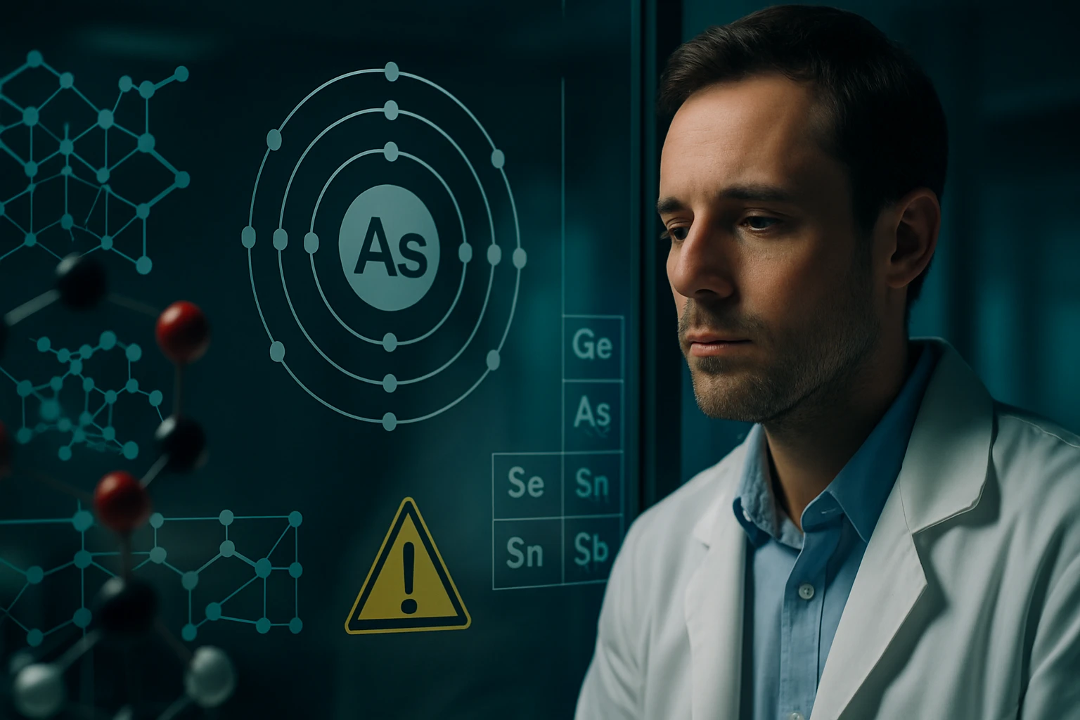 Egy férfi laboratóriumi köpenyben, a háttérben kémiai elemek és struktúrák láthatók.