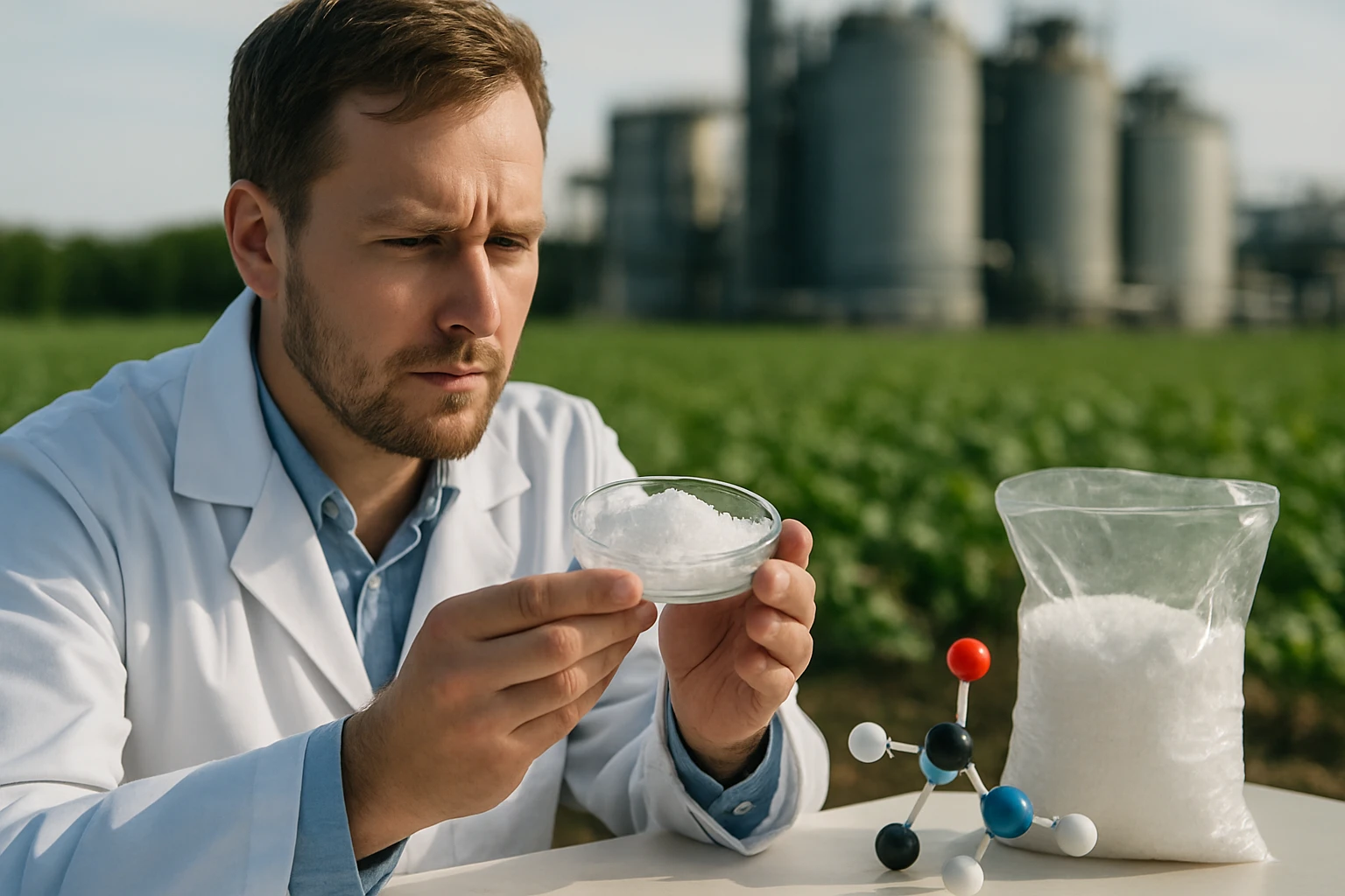 Egy tudós fehér köpenyben, kristályos anyagot vizsgál egy tálban.