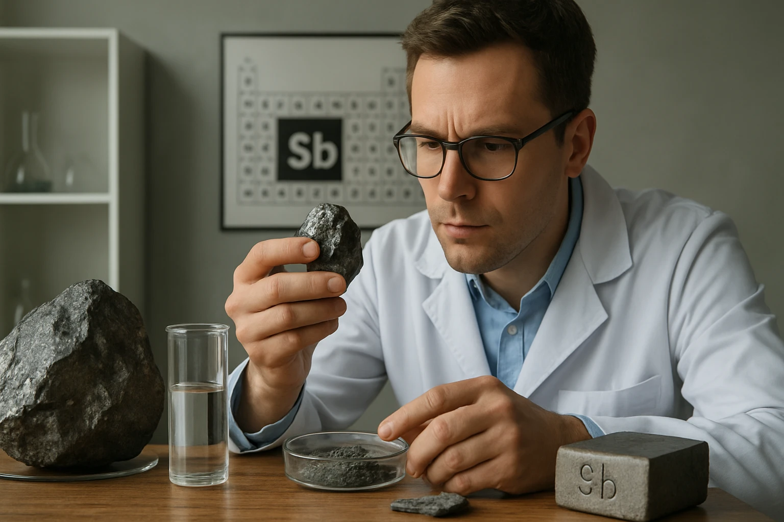 Egy kémikus egy szürke kőzetet vizsgál, miközben laboratóriumi eszközök veszik körül.