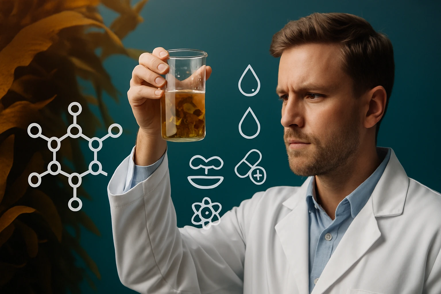 Egy férfi laboratóriumi köpenyben, kémcsőben folyadékot vizsgál.