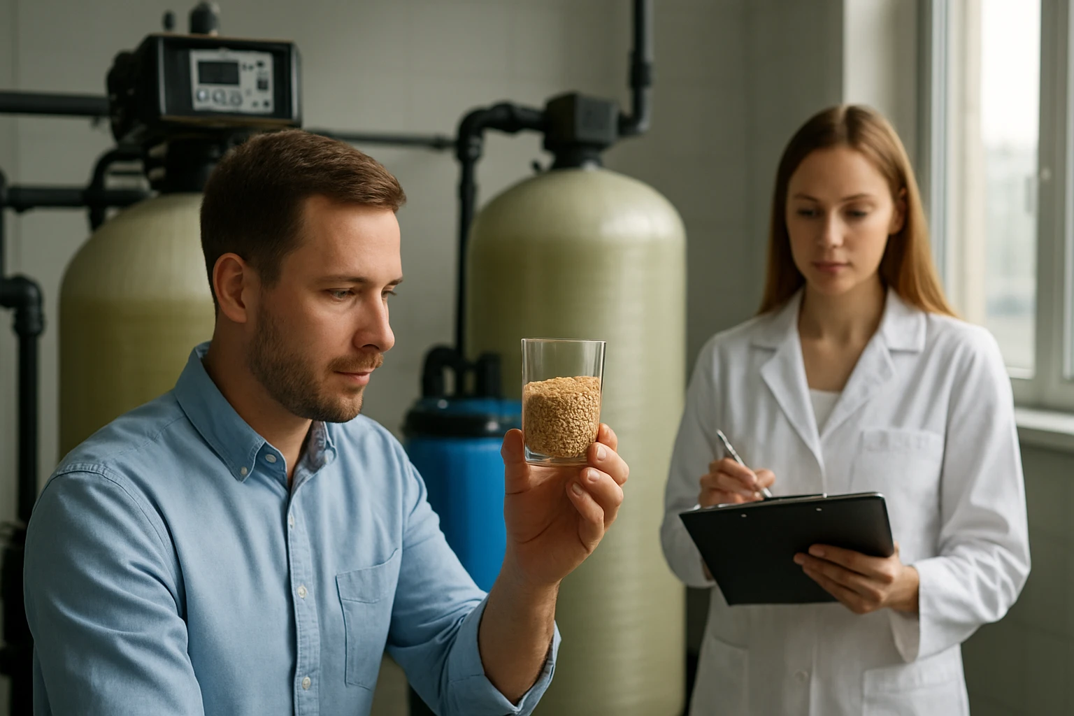 Egy férfi egy pohárban lévő anyagot vizsgál, miközben egy nő jegyzetel.