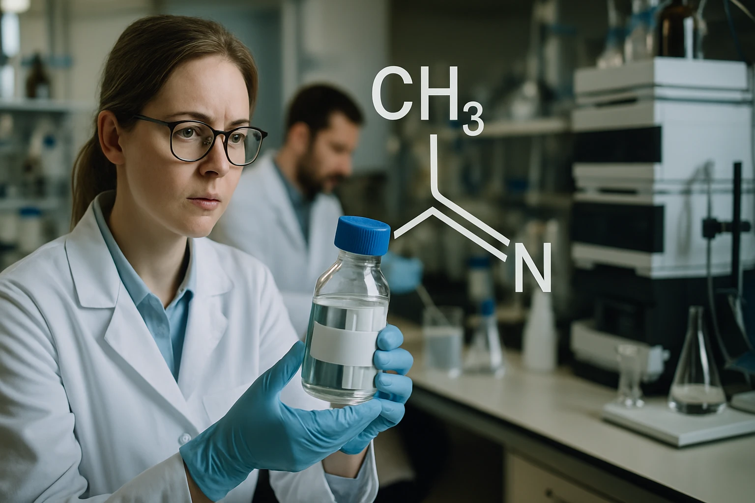 Egy laboratóriumban dolgozó nő, aki egy üveg folyadékot vizsgál, háttérben kémiai eszközök.