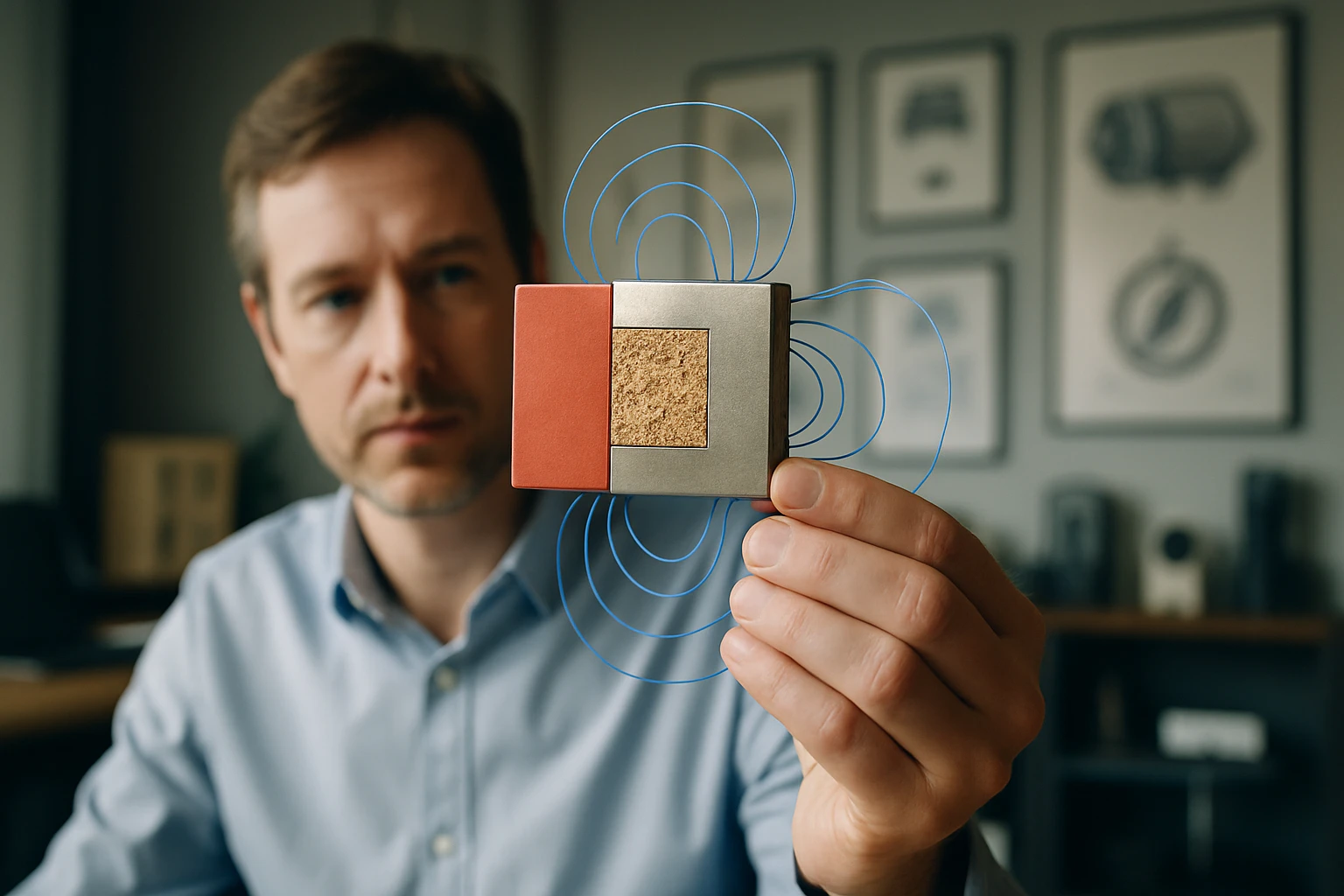 Egy férfi egy kémiai eszközt tart a kezében, amely különböző anyagokból készült.