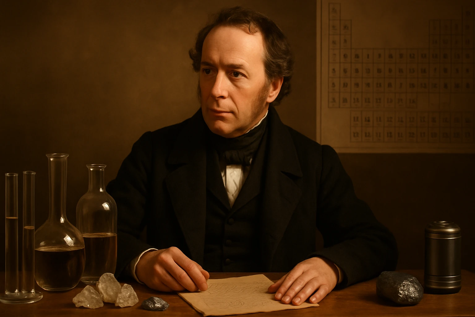 Egy férfi laboratóriumi asztalnál ül, kémcsövek és ásványok között, papíron jegyzetel.