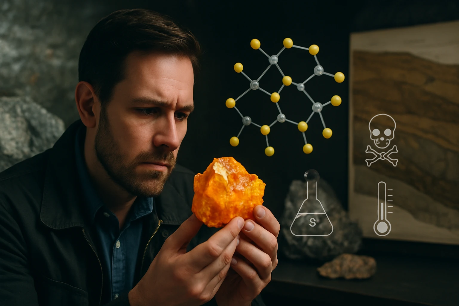 Egy férfi egy sárga ásványt vizsgál, miközben kémiai struktúrák lebegnek a feje felett.