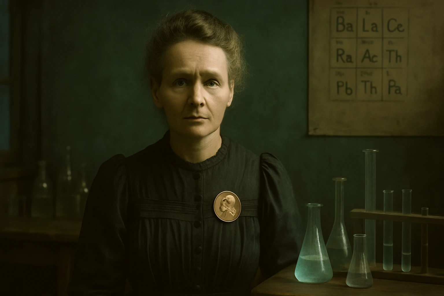 Egy nő laboratóriumban áll, mögötte kémcsövek és periódusos rendszer látható.