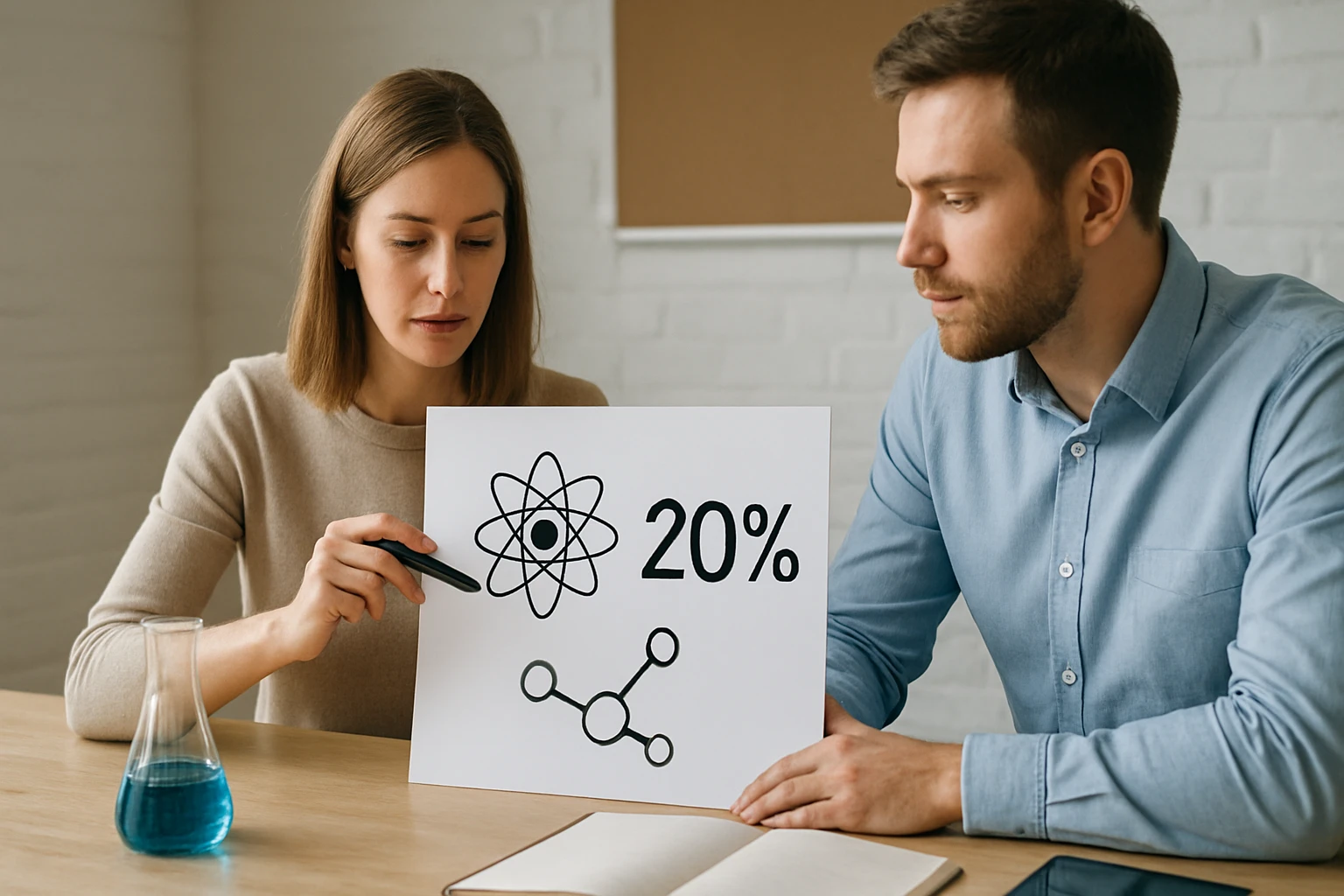 Két ember egy táblázatot mutat be, amelyen atom és molekula ábrák láthatók.