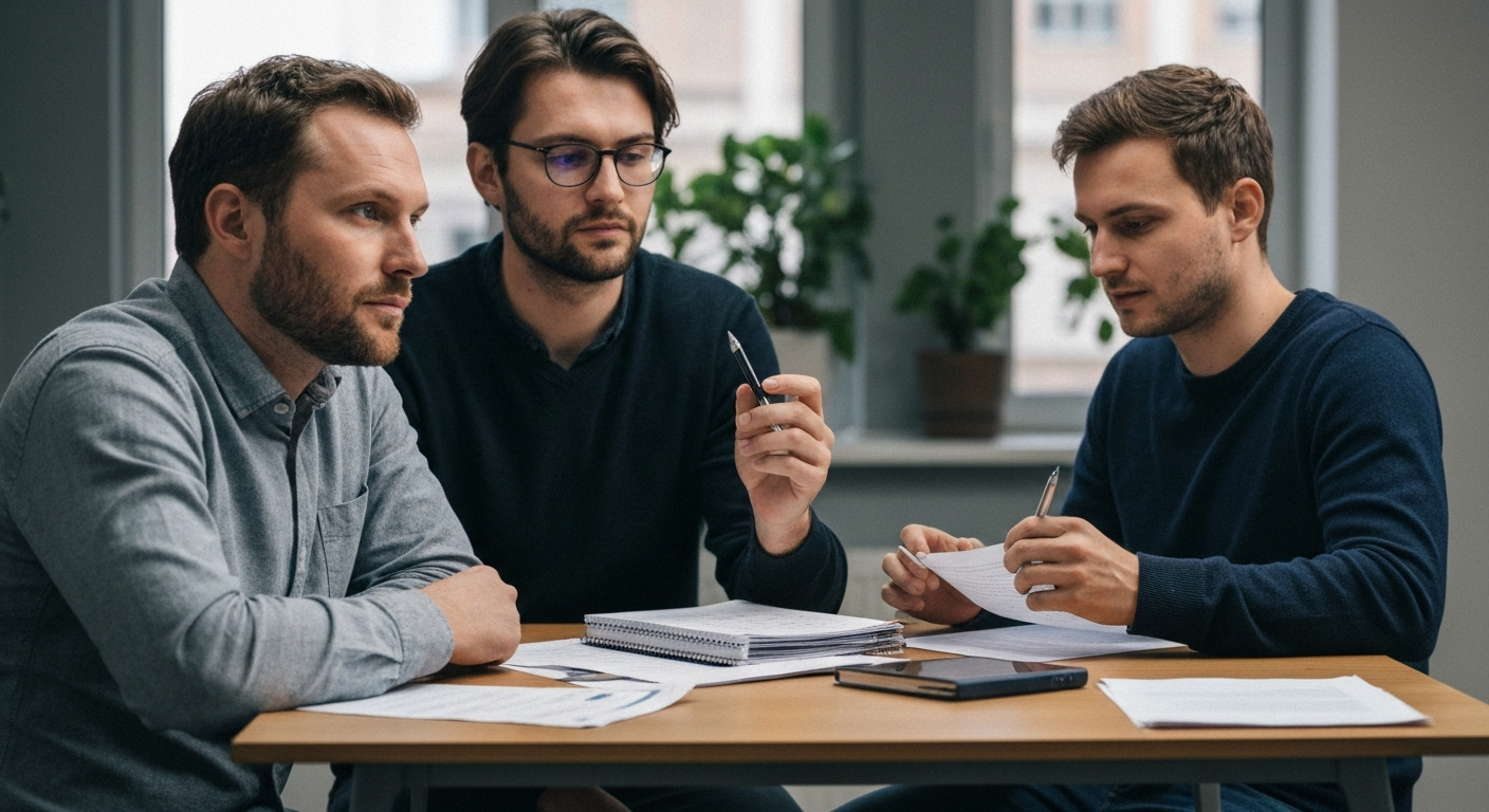 Három férfi ül egy asztalnál, kémiai forrásokkal kapcsolatos információkat vitatnak.