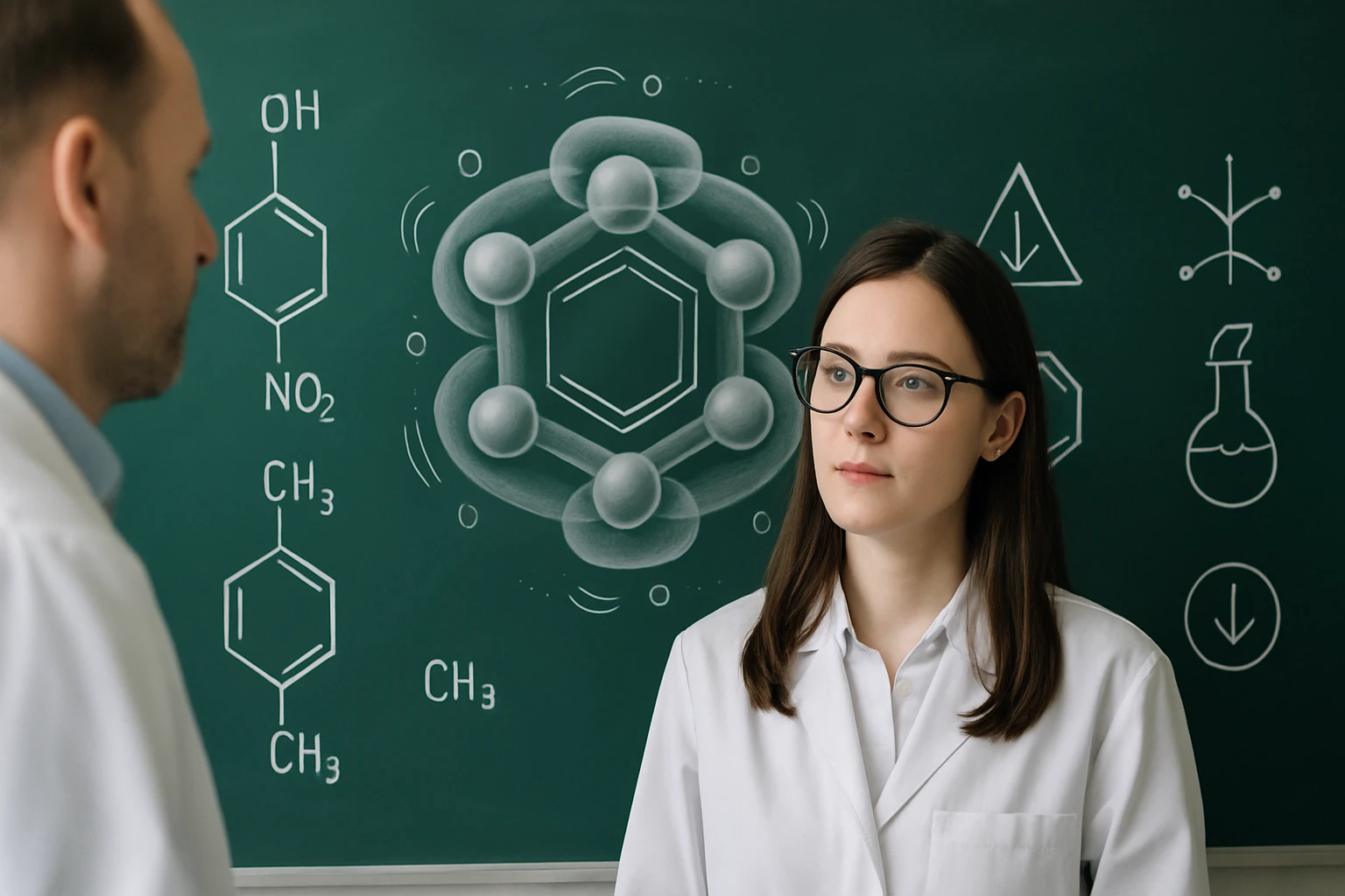 Két tudós beszélget egy zöld táblán, kémiai képletekkel és molekulákkal.