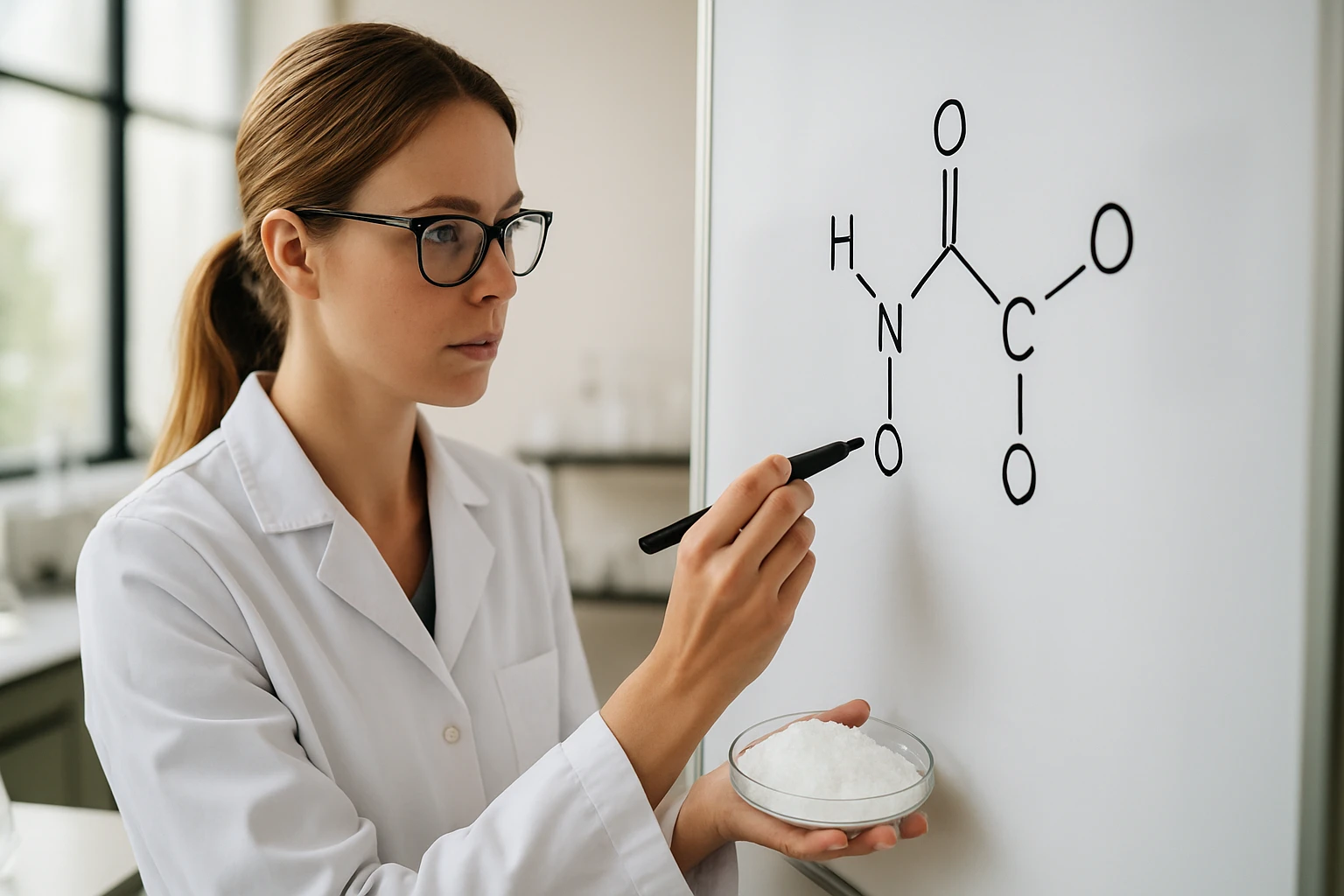 Egy nő laboratóriumi köpenyben kémiai képletet rajzol egy táblára.