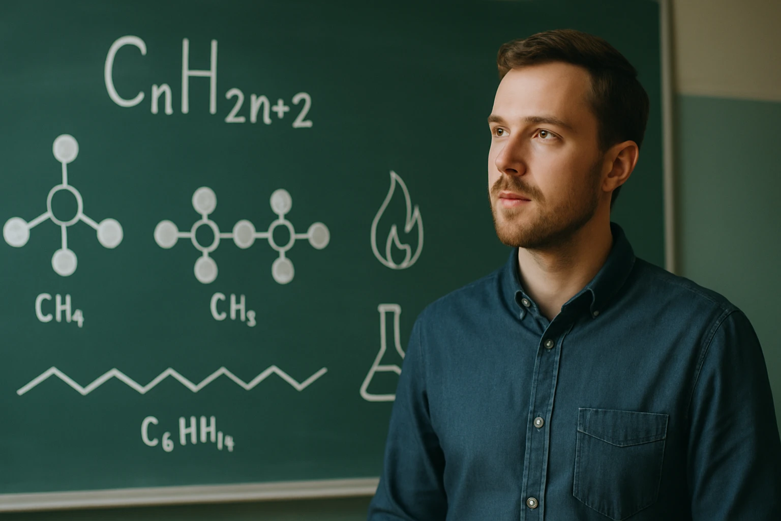 Egy férfi áll egy zöld táblánál, amelyen kémiai képletek és struktúrák láthatók.