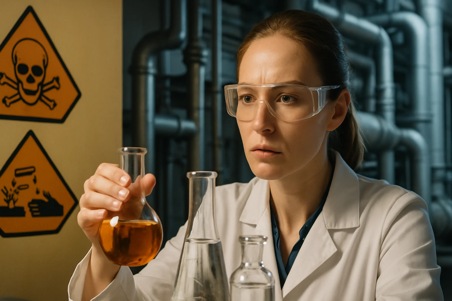 Egy nő laboratóriumban, kémcsöveket tartva, figyelmes arccal.