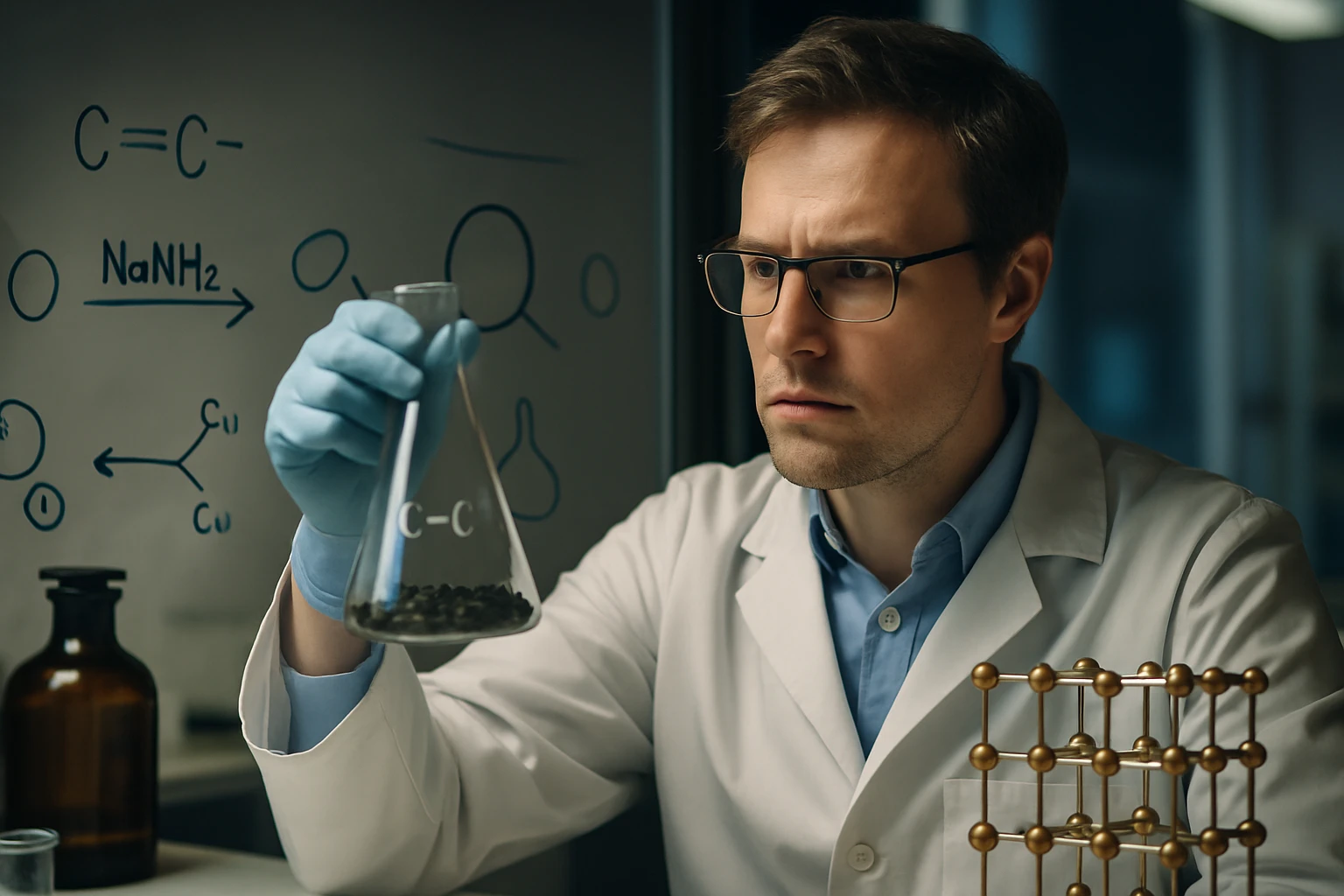 Egy laboratóriumban dolgozó tudós, aki egy kémcsőben anyagot vizsgál.