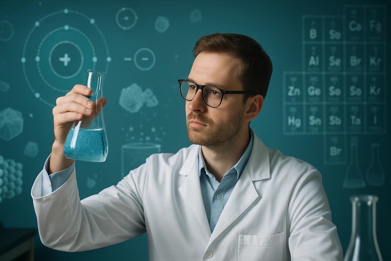 Egy fiatal tudós kémcsövet tart a kezében, kék folyadékkal, laboratóriumi környezetben.