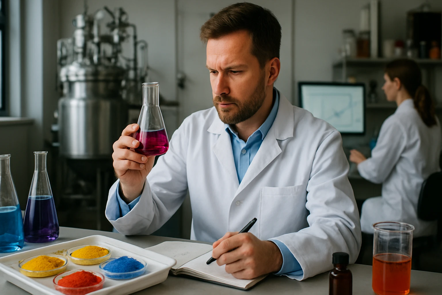 Egy laboratóriumban dolgozó férfi, aki egy rózsaszín folyadékot tart a kezében.