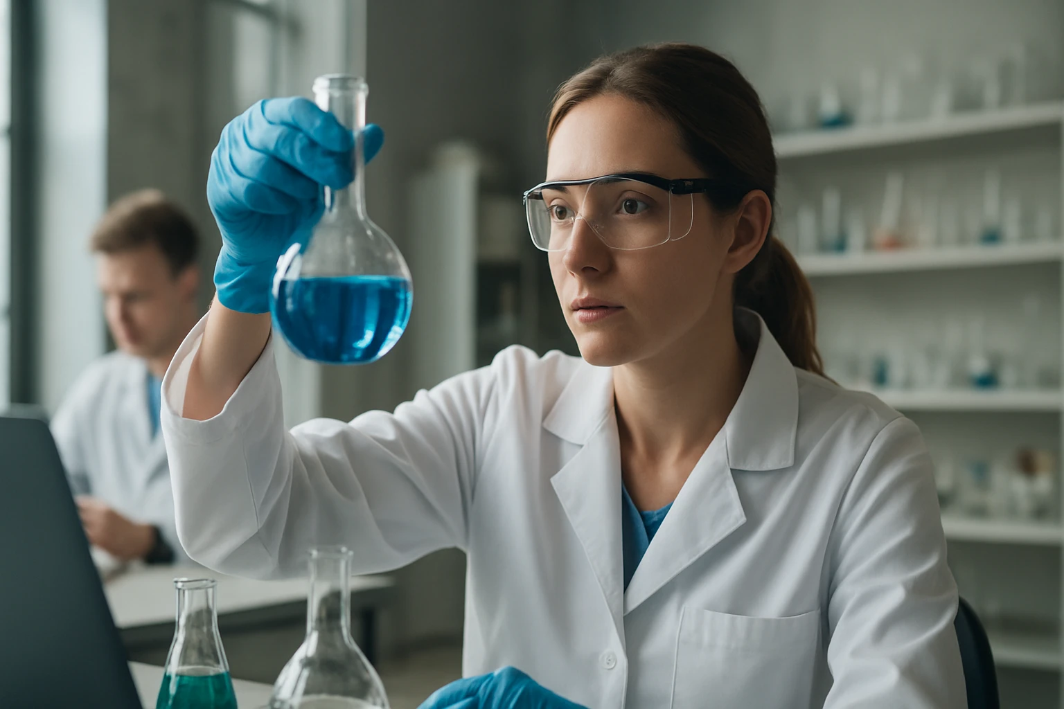 Egy nő laboratóriumban kék folyadékot tart egy kémcsőben, figyelmesen vizsgálva.