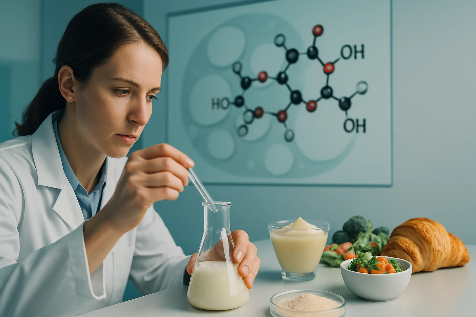 Egy női tudós laboratóriumban kémcsővel dolgozik, háttérben molekulák ábrázolásával.